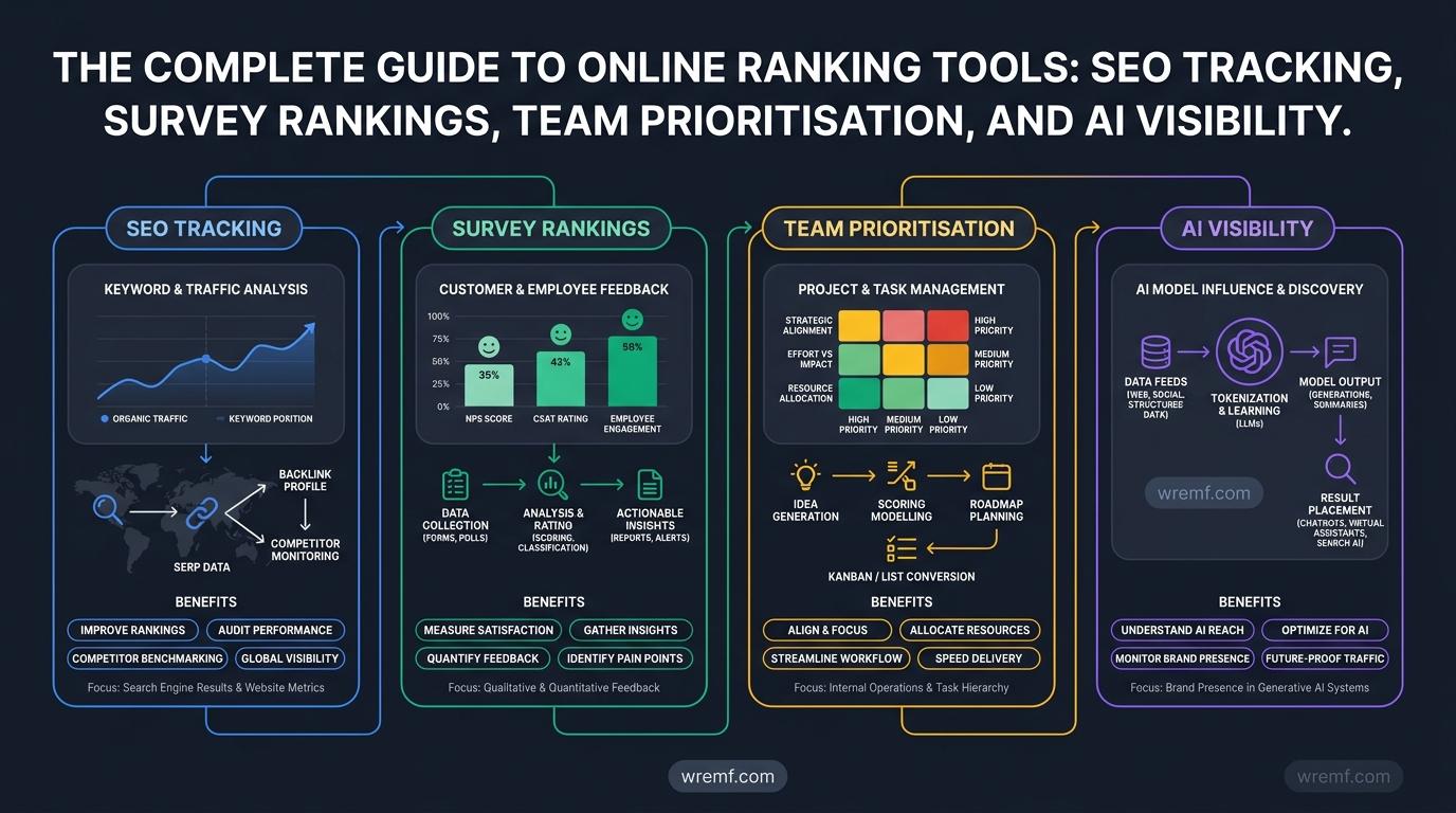 The Complete Guide to Online Ranking Tools: SEO Tracking, Survey Rankings, Team Prioritisation, and AI Visibility